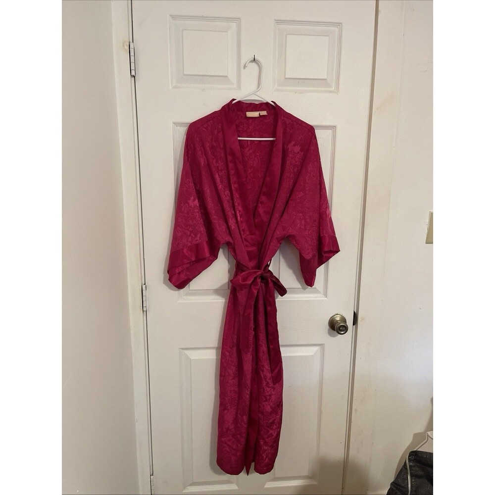 Vintage Adonna Satin Robe Womens Medium Hot Pink Paisley Kimono Tie Mid Length